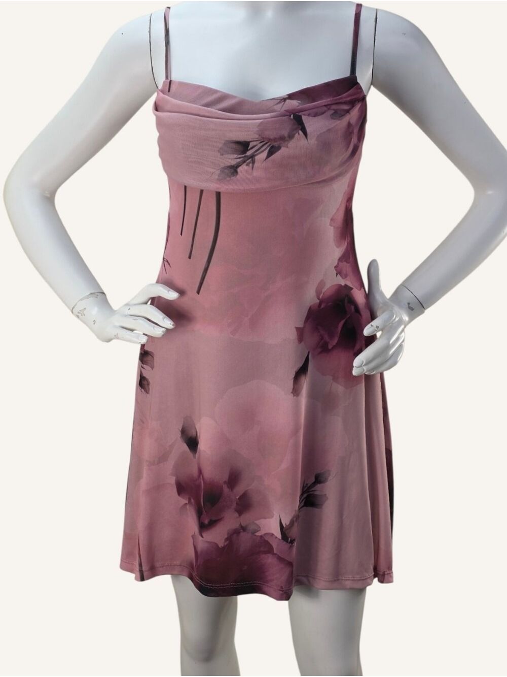 Lovely Day Floral Mesh Cowl Neck Mini Dress NWT Mauve Pink Medium - Picture 3 of 9